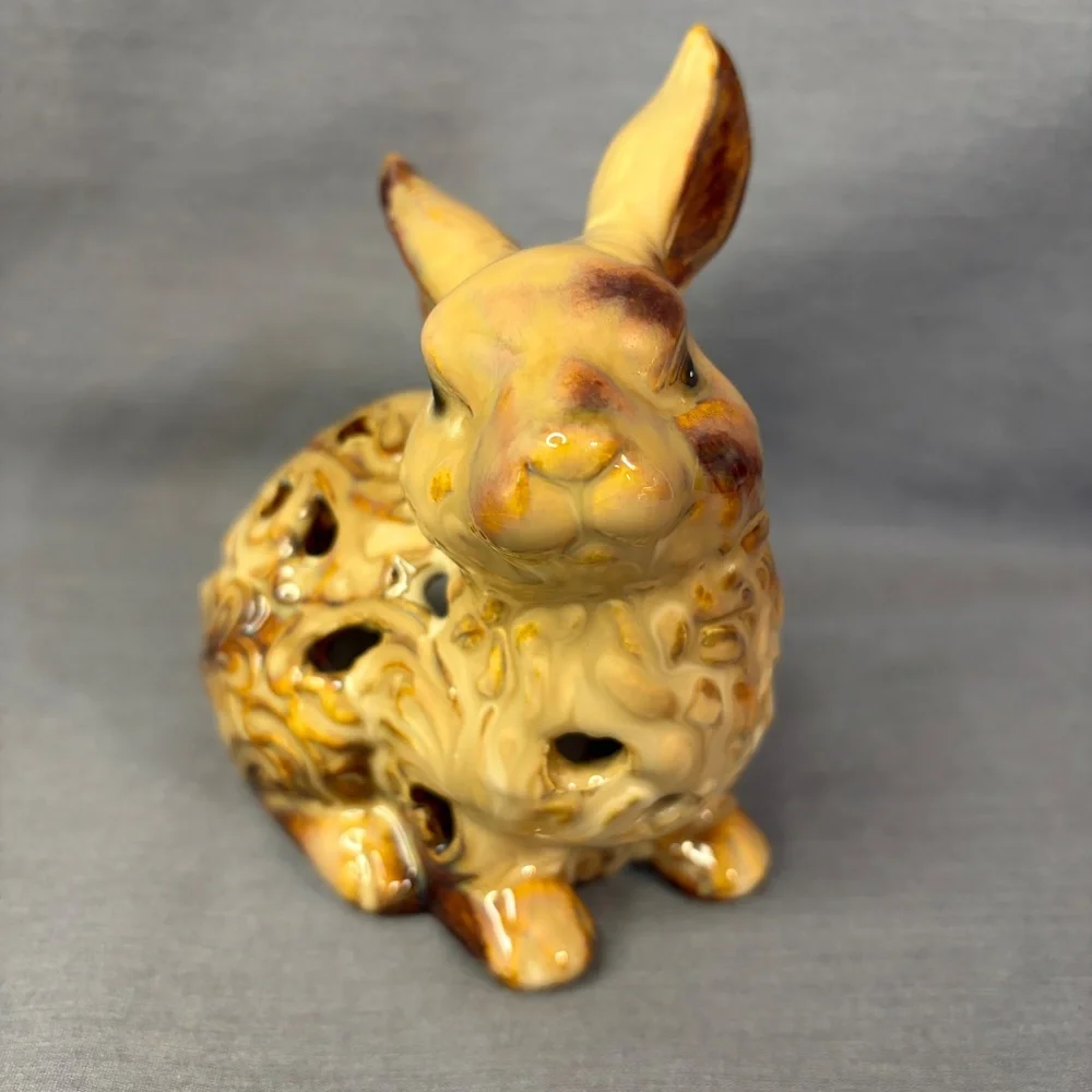 Bunny Rabbit Candle Holder Cut Outs Floral Pattern Sitting Ceramic Tea Light - Picture 4 of 8